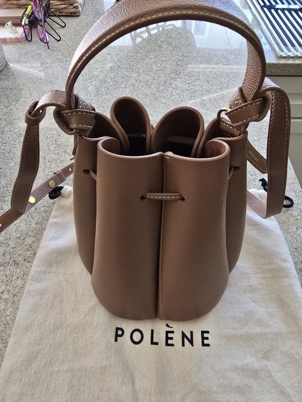 Polène Numéro Huit Tan Pebbled Leather Bucket Handbag/shoulder bag/ crossbody - Picture 13 of 13